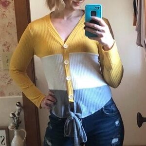 Colorblock Button-Up Sweater - Yellow, White, Gray